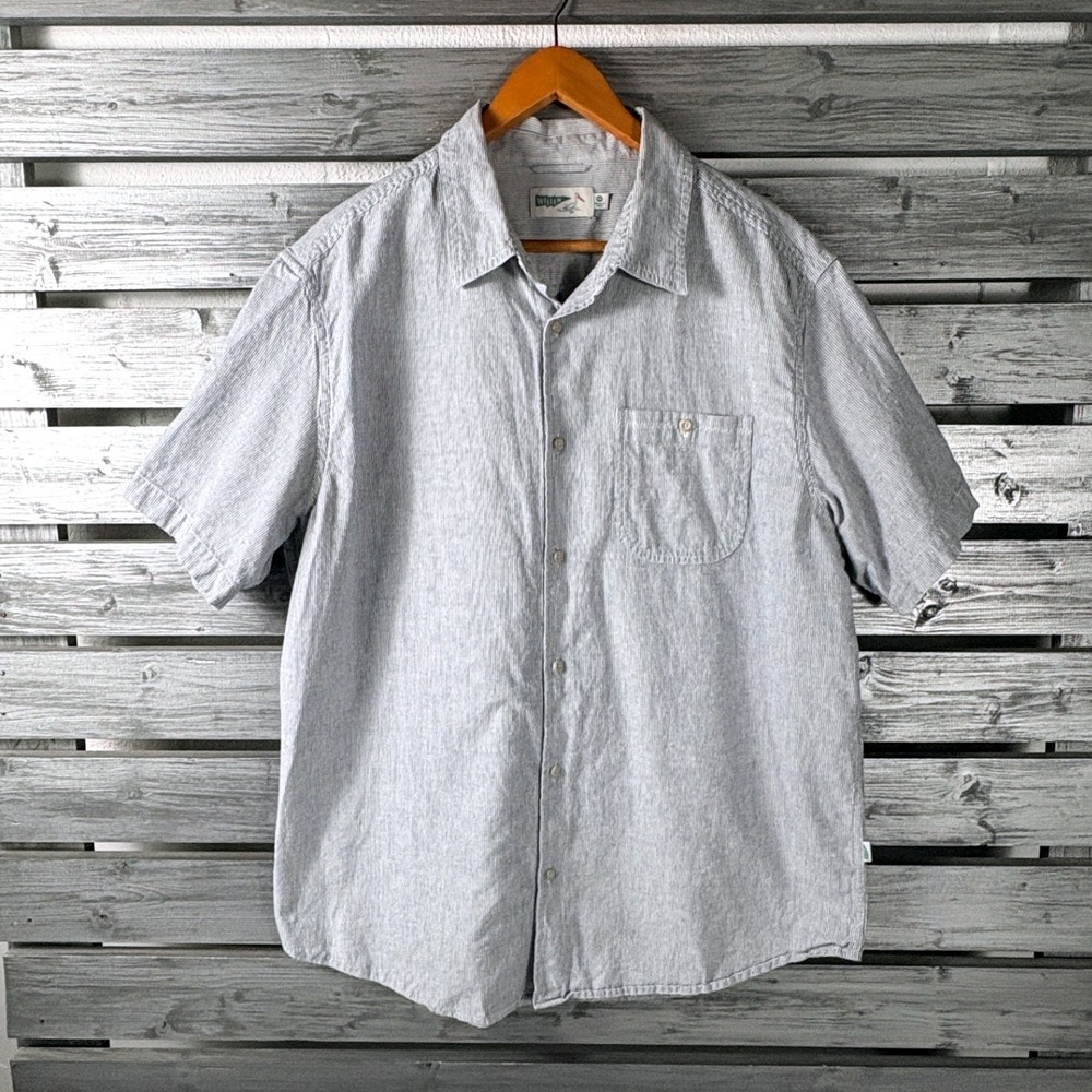 Wellen Mens XL Blue White Striped Organic Cotton Hemp Short Sleeve Button Down